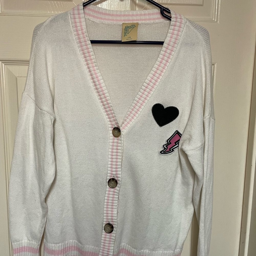 Thereabouts Big Girls Cardigan | Cream & Pink | Heart Patch | Size L (14)